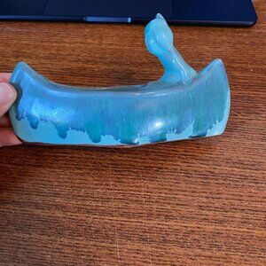 Pottery Canoe Turquoise Blue Green Drip Glaze Red Clay Trinket Box North Bay MCM